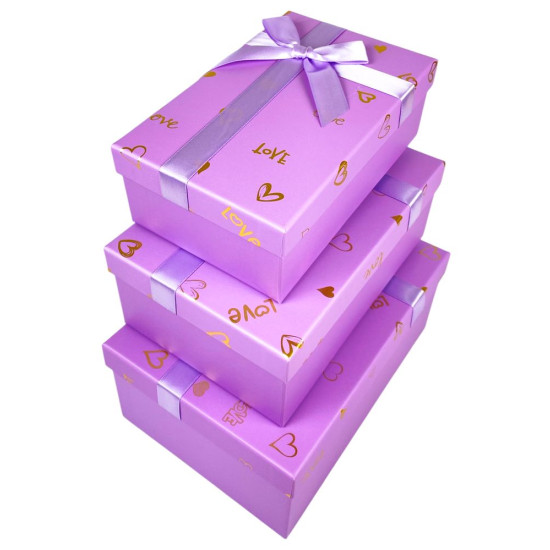Коробка подарочная Love с бантиком, сиреневая с сердечками, набор – 3 шт (7023-49L lilac)