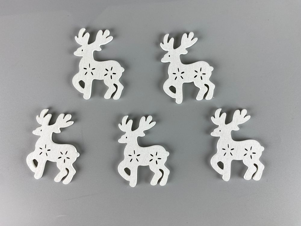 Деревянный олень с снежинками 5 х 6см, белый, 5шт (TK-017)