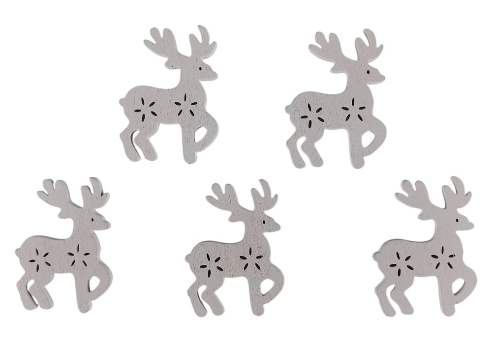 Деревянный олень с снежинками 5 х 6см, белый, 5шт (TK-017)