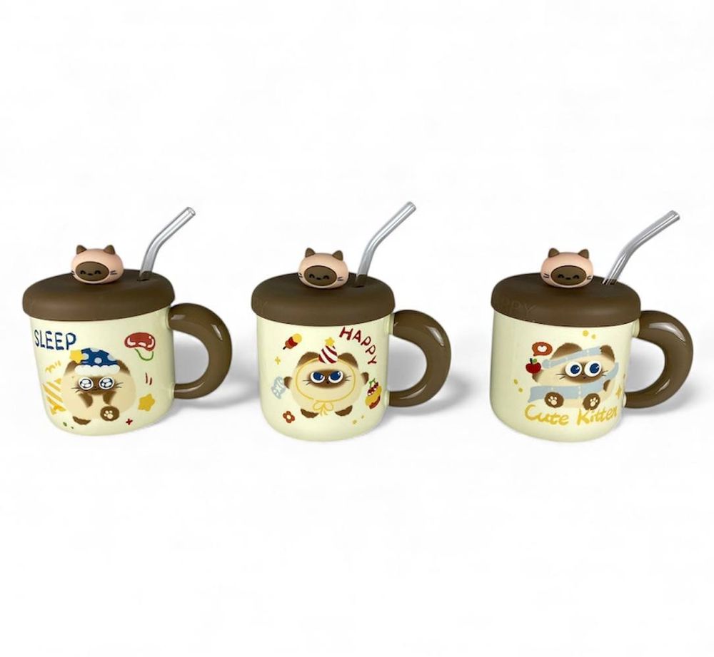Чашка керамическая 400мл "Кот 3D" с силиконовой крышкой, трубочкой (1264)