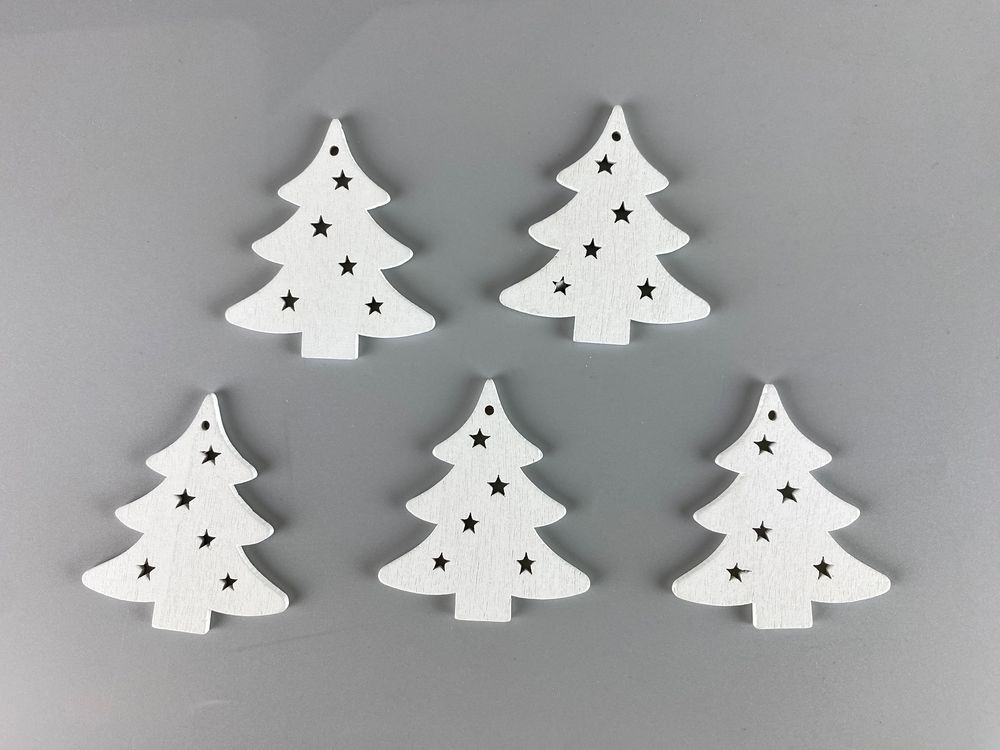 Деревянная елка со звездами 5 х 6см, белая, 5шт (TK-027)