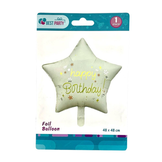 Шарик надувной фольгированный 48 х 48см Happy Birthday Звезда белая (BP10865)