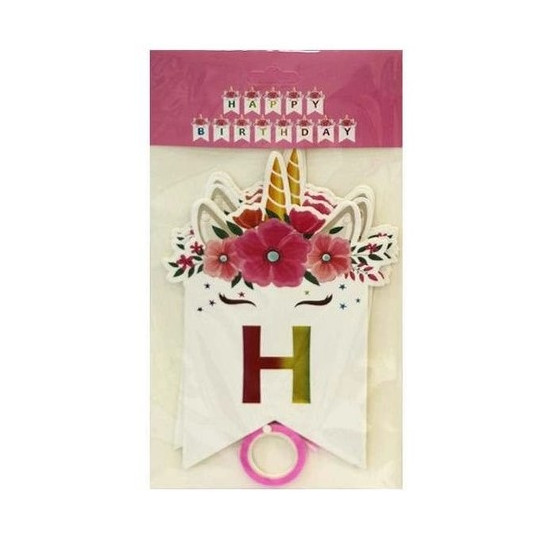 Гирлянда-флажки "Happy birthday"  , Единорог Белый Unison (HB-1079)