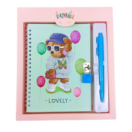 Блокнот с замком металлическим 13 х 18см + ручка шариковая "Мишка" 48 листов в коробке, 4 вида Разноцветный Без бренда (36962-А)