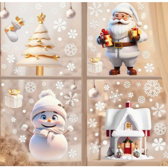 Набор  Рождественских наклеек на окна А4- Санта и праздничные декорации для стекла (3573)