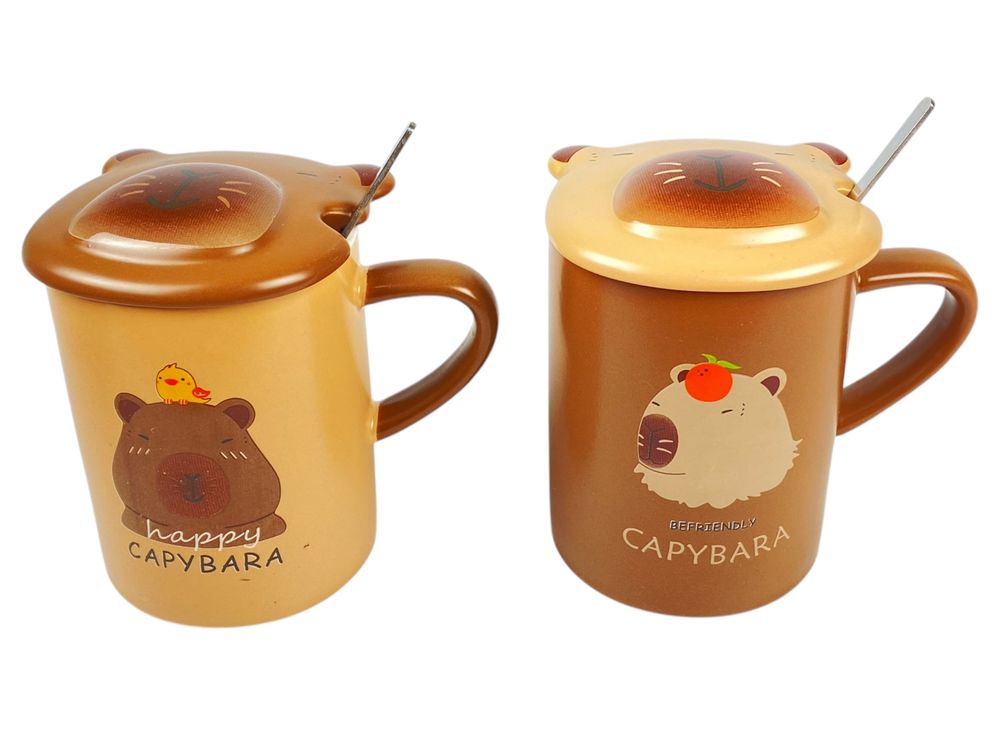 Чашка керамическая 400 мл "Капибара" с крышкой, металлической ложкой, 4 вида (9675)
