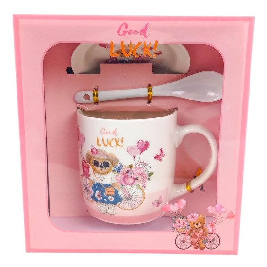 Чашка керамическая 350мл "Мишка-на удачу" с блюдцем и ложкой 4 вида (1953 Bear)