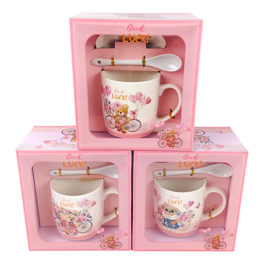 Чашка керамическая 350мл "Мишка-на удачу" с блюдцем и ложкой 4 вида (1953 Bear)