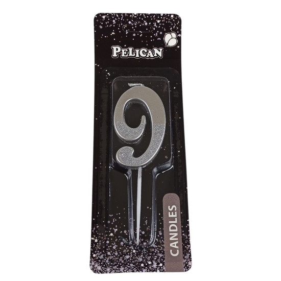 Свічка цифра з блискітками "9", срібло 5см (863319)