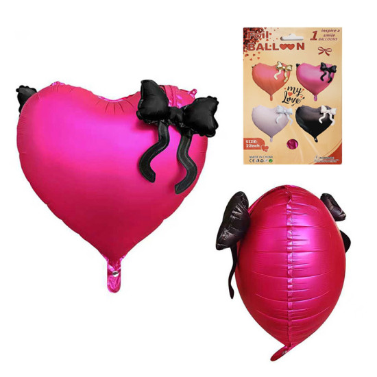 Шарики фольгированные Сердце с бантом 22'' малиновый цвет Розовый (CX-12)
