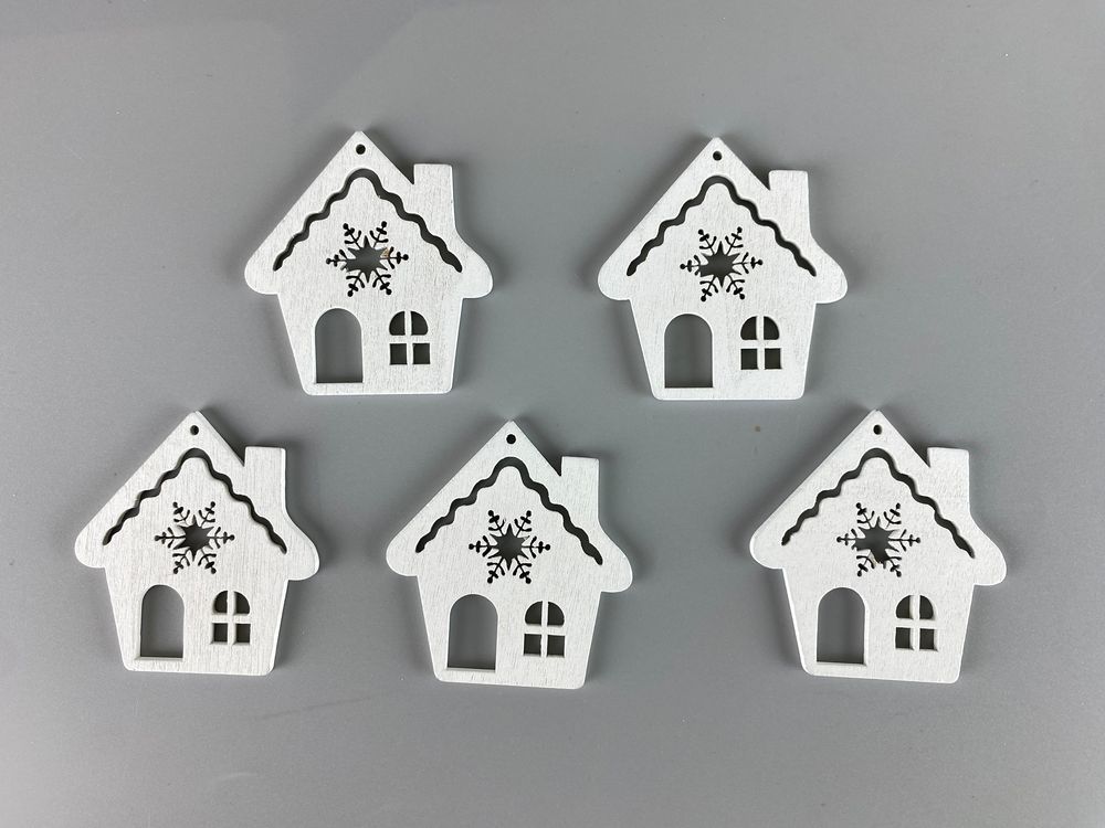 Деревянный домик со снежинкой 5 х 6см, белый, 5шт (TK-026)