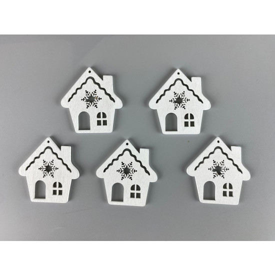 Деревянный домик со снежинкой 5 х 6см, белый, 5шт (TK-026)