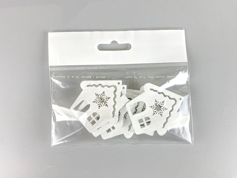 Деревянный домик со снежинкой 5 х 6см, белый, 5шт (TK-026)