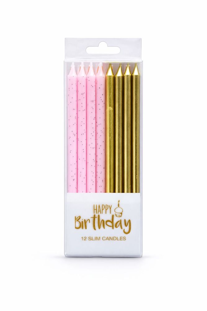 Свеча с блеском, 14,5 см, розовые+золото, 12шт (800080 pink+gold)