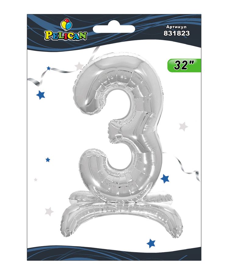 Цифра фольгированная на подставке Pelican "3" серебро 80см Серебряный Pelican (831823)