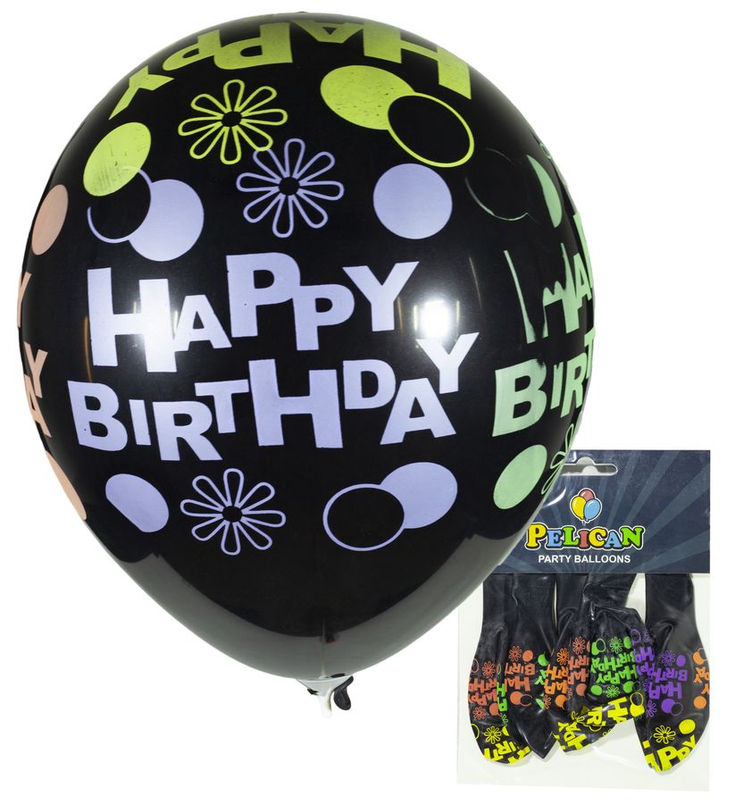 Шарики Pelican 12' (30 см), черный - Happy Birthday, 5шт/уп, 827514 (827514/1205-514)