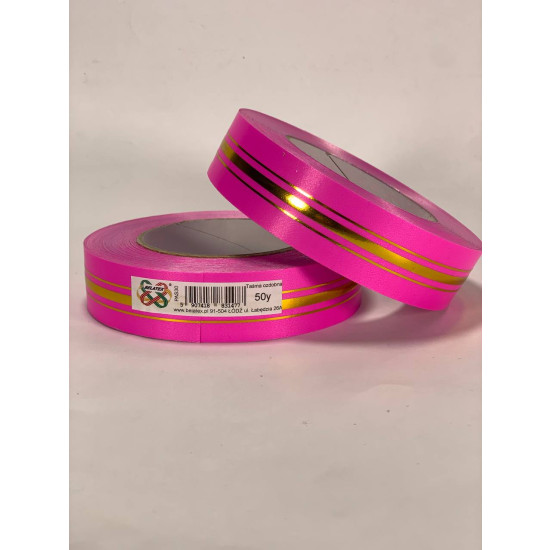 Лента пластиковая 3см, 50 ярд, розовая   3 золотых полосы, BELATEX (PAS30 -pink)