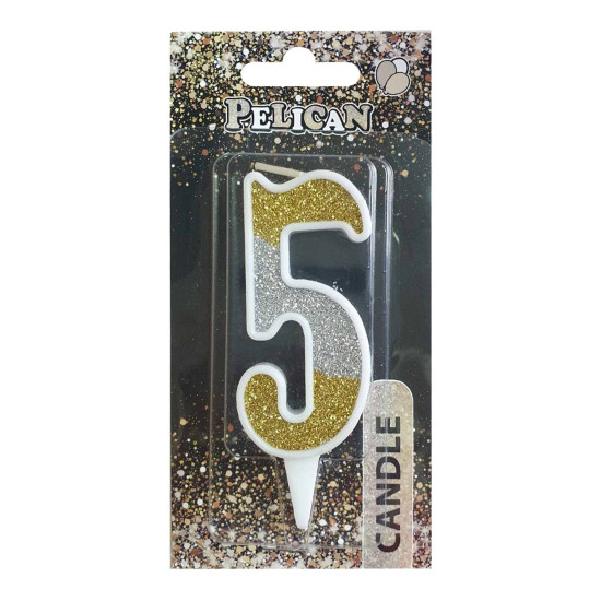 Свеча для торта Pelican "5" СЕРЕБРЯНО-ЗОЛОТАЯ 7см Разноцветный Pelican (867035)