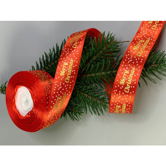 Лента атласная новогодняя красная  25мм Merry Christmas, 25 ярд Красный Unison (D13425 red)