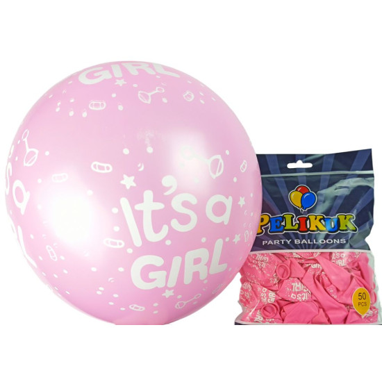 Шарики круглые Pelikuk 12' (30 см) розовый   It's girl, 50шт/уп Розовый Pelikuk (1250C-407)