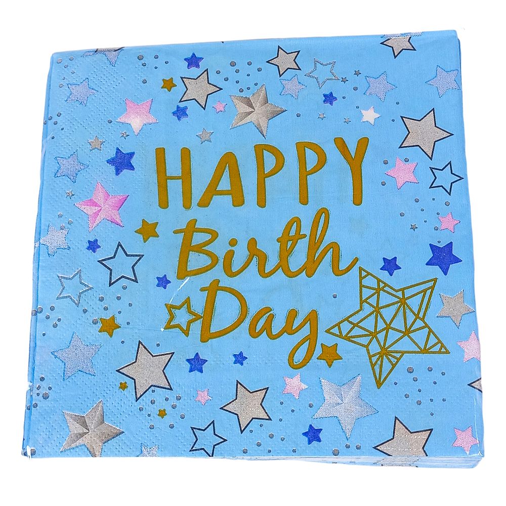 Салфетки 33 х 33см, двухслойные, 20 шт, звезда Happy birthday Голубой Без бренда (10153 blue)