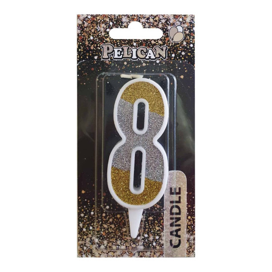 Свічка для торта Pelican "8" СРІБНО-ЗОЛОТА 7см Різнокольоровий Pelican (867038)
