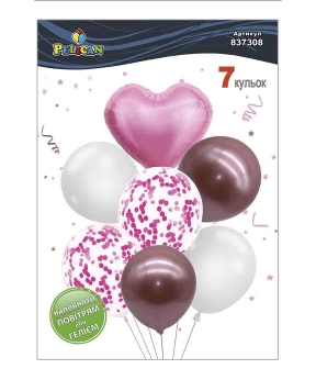 Набір з 7 кульок "Серце, біло  рожевий мікс з хромом" Pelican (837308)