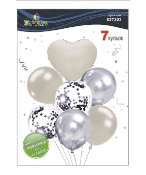 Набір з 7 кульок "Серце, молочний мікс з хромом" Pelican (837303)