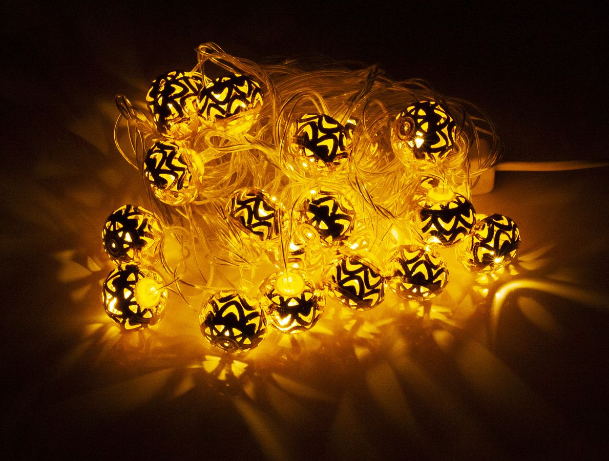 ЗОЛОТО 20 LED, "ШАРИК 1", 5м + переходник, теплый белый (1663-07)