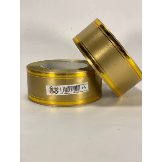 Лента пластиковая 5см, 50 ярд, золотая + 2 золотые полоски, BELATEX (PAS50 -2 gold)