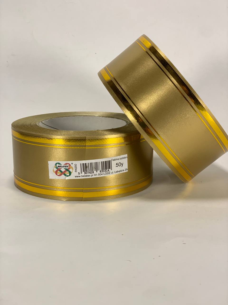 Лента пластиковая 5см, 50 ярд, золотая + 2 золотые полоски, BELATEX (PAS50 -2 gold)