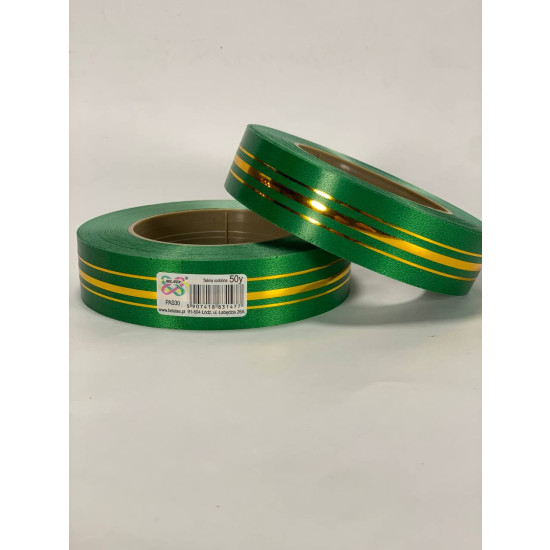 Лента пластиковая 3см, 50 ярд, зеленая  3 золотых полосы Зеленый Unison (PAS30 -green)