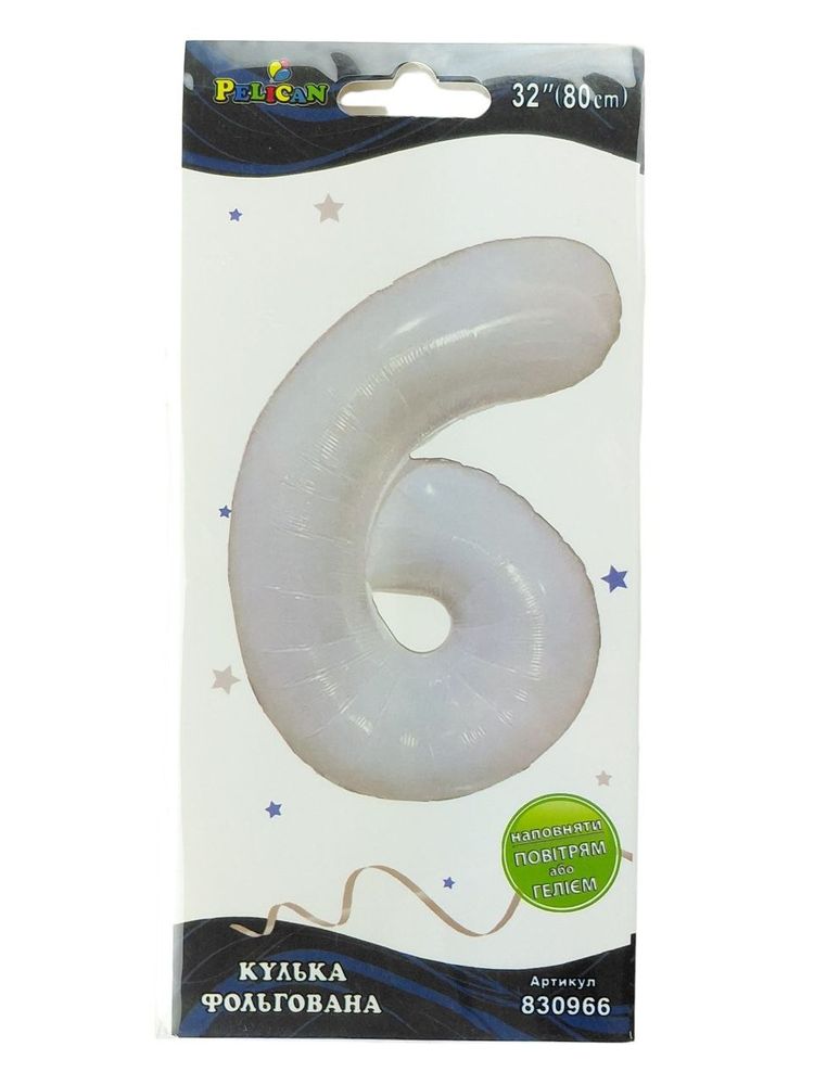Цифра фольгированная  "6" белая 32"(80cm) Pelican (830966)