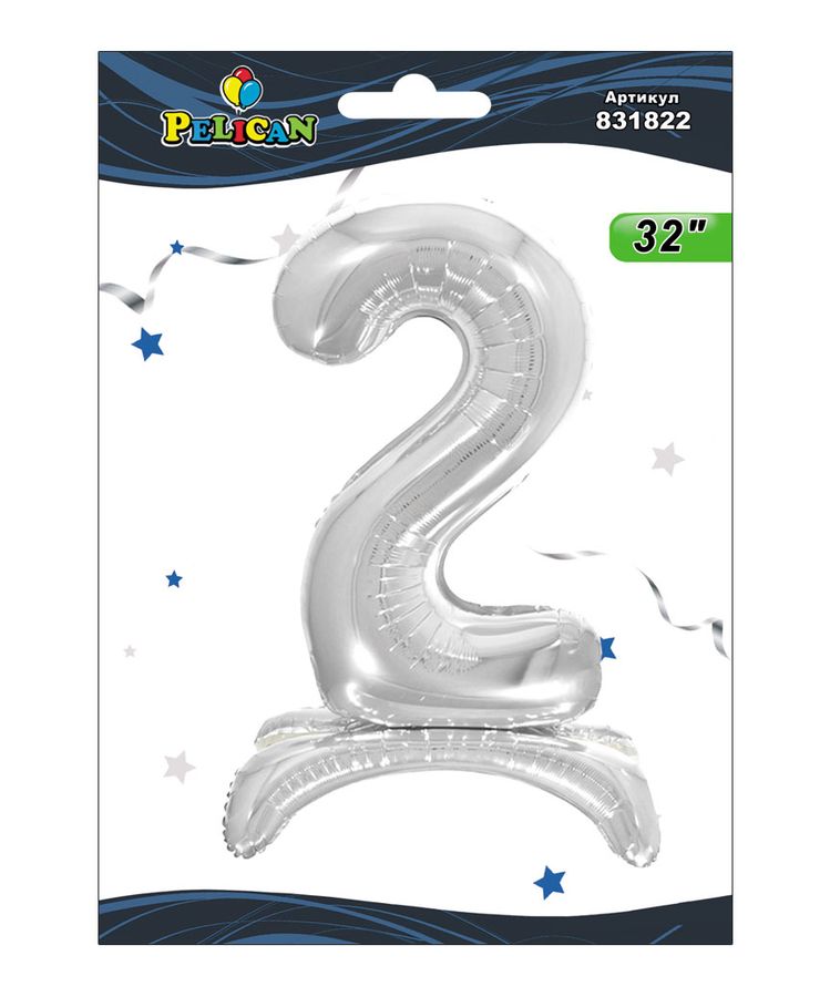 Цифра фольгированная на подставке Pelican "2" серебро 80см Серебряный Pelican (831822)