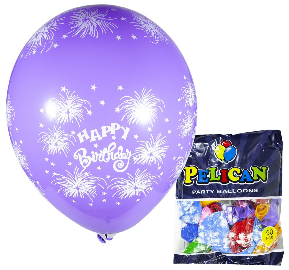Шарики Pelican 12' (30 см), цвета микс - Happy Birthday, 50шт/уп, 824508 (824508/1250-508)