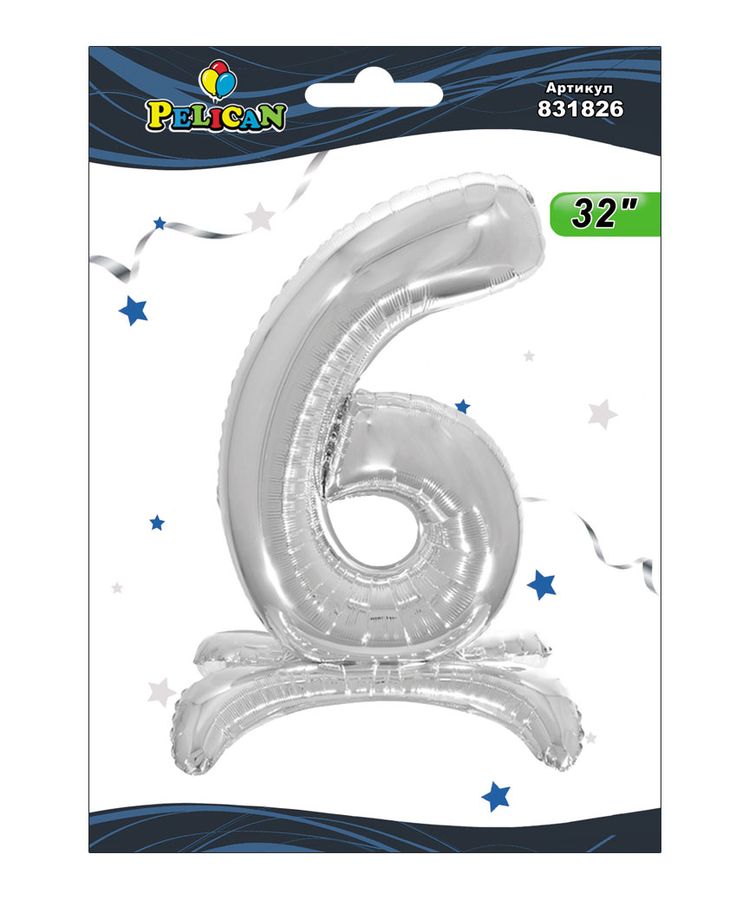 Цифра фольгована на підставці Pelican "6" срібло 80см Срібний Pelican (831826)