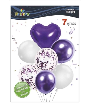 Набір з 7 кульок "Серце, фіолетово  білий мікс з хромом" Pelican (837309)