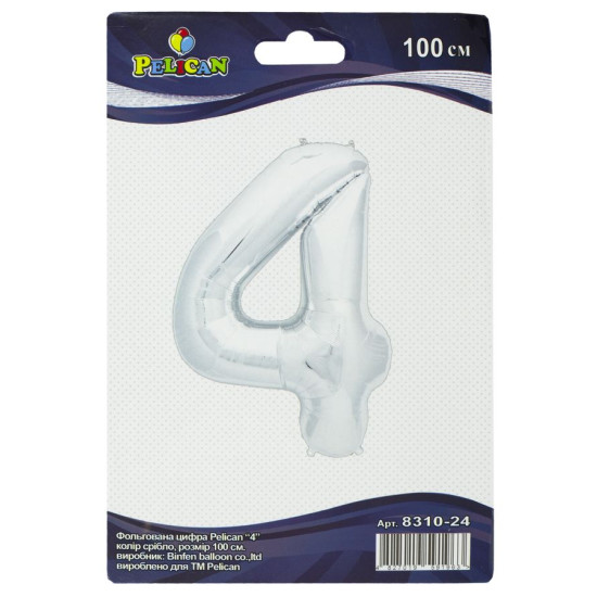 Цифра фольгированная Pelican, "4" Серебро100см Серебряный Pelican (831024)