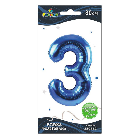 Цифра фольгована Pelican, "3" Синя 80см Синій Pelican (830853)