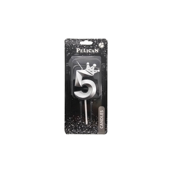 Свічка цифра 3D з короною "5", срібло 6см (863115)
