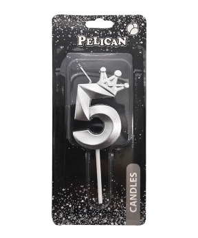 Свічка цифра 3D з короною "5", срібло 6см (863115)
