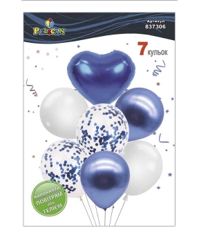Набір з 7 кульок "Серце, біло  синій мікс з хромом" Pelican (837306)