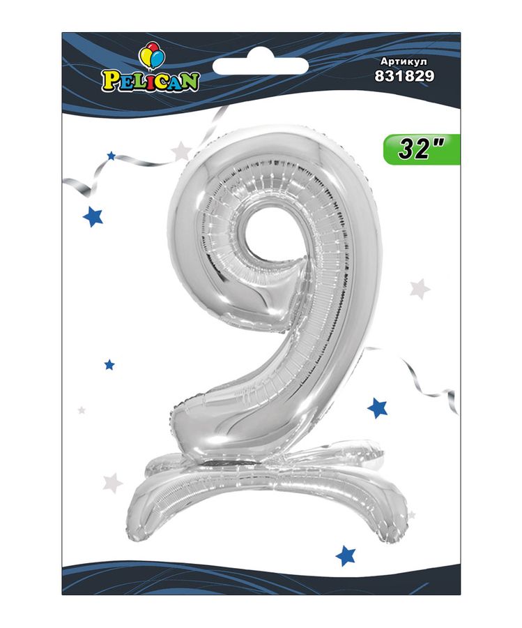Цифра фольгована на підставці Pelican "9" срібло 80см Срібний Pelican (831829)