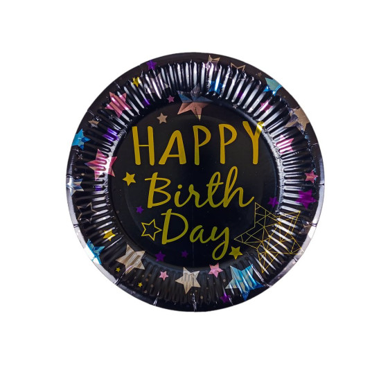 Тарілки одноразові картонні фольговані 18см   10 штук в пачці, Happy birthday Чорний Без бренду (10151 black)