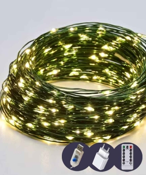 Роса 300 LED 30м, зелений провід, реле 8 режимів +USB, пульт ДК, теплий білий (19031-07)