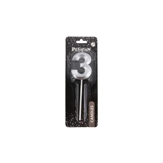 Свеча цифра 3D для торта "3", серебро 5см (863213)