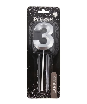 Свеча цифра 3D для торта "3", серебро 5см (863213)