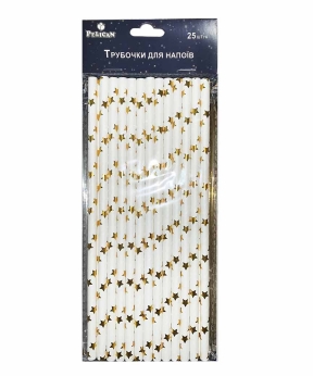 Трубочки для напоїв TM Pelican "Білі з золотими зірочками"    25шт Pelican (871515)