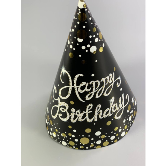 Колпак "Happy birthday" позолота   шарики, 6шт/уп Черный Unison (7500-90)
