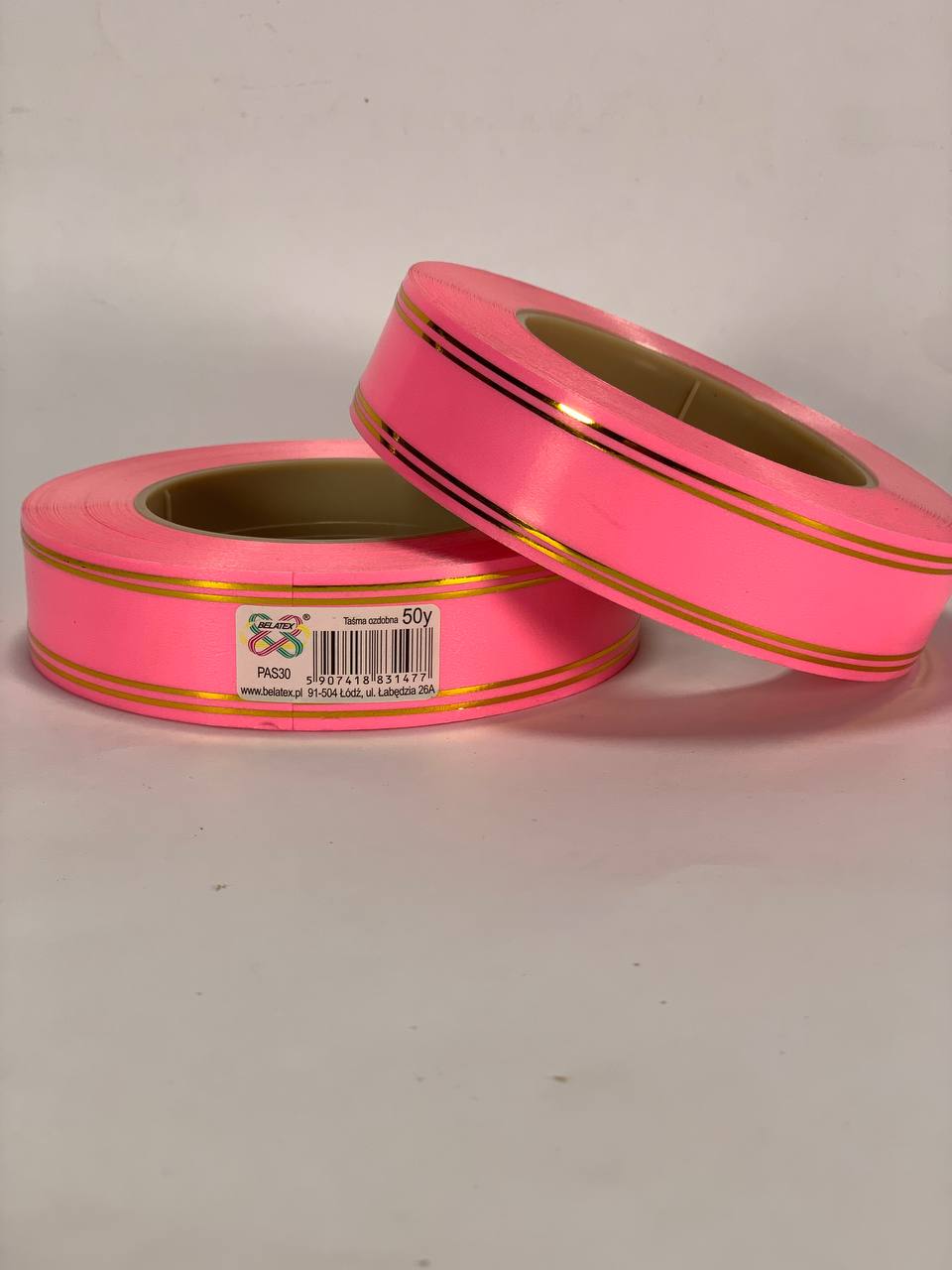 Лента пластиковая 3см, 50 ярд, розовая + 2 золотые полоски, BELATEX (PAS30 -2 pink)